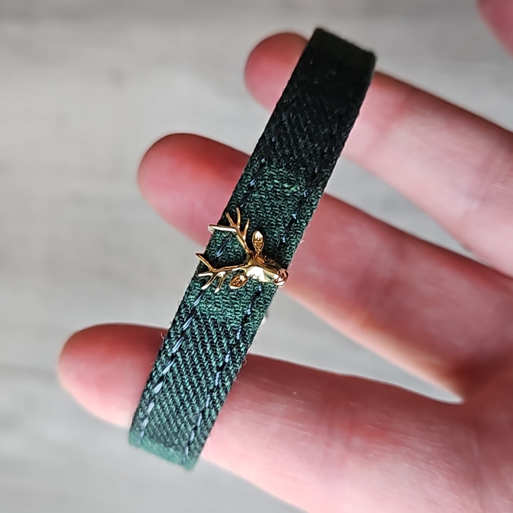 Green Woven Plaid KEEP Collective Bracelet with Gold Deer Charm